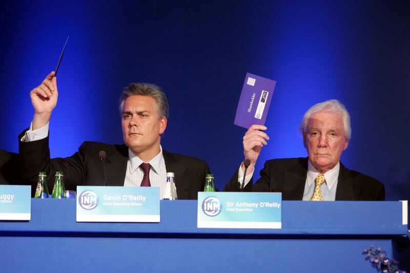 Gavin O'Reilly, group operating officer, and Tony O'Reilly, chief executive of Independent News & Media, at the groups AGM in London, 2008. Photograph: Alan Betson
