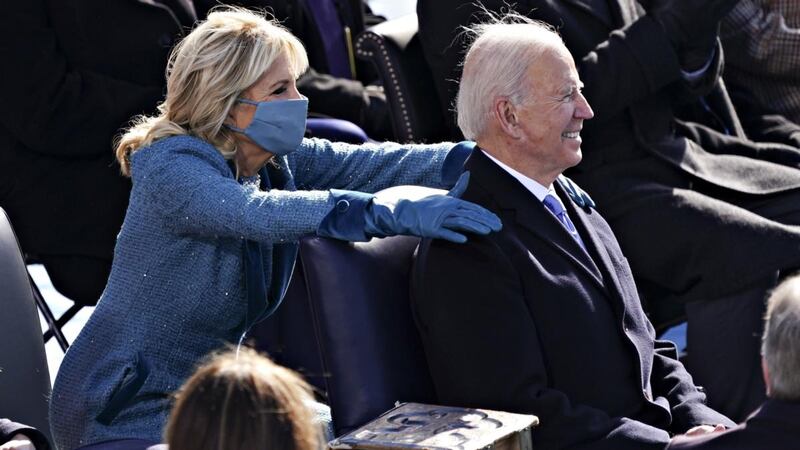 Jill and Joe Biden during Wednesday’s inauguration in Washington. Photograph: Kevin Dietsch/EPA