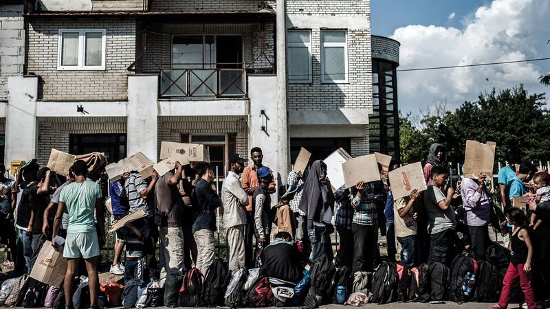 Refugees  arrived from Macedonia waiting for papers to be processed in Presevo, Serbia. Photographer: Gus Palmer