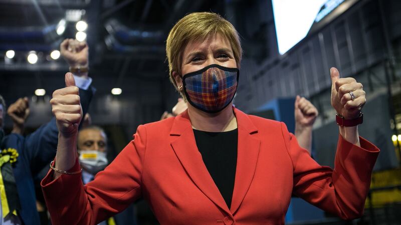 Scotland’s First Minister and leader of the Scottish National Party (SNP), Nicola Sturgeon celebrates being declared the winner of the Glasgow Southside seat. Photograph: Robert Perry/EPA