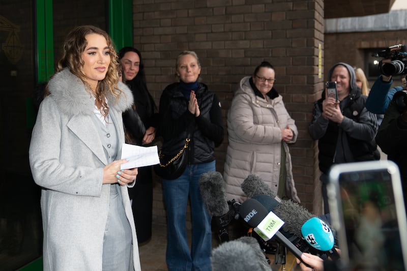 Georgia Harrison speaks to the media outside Chelmsford Crown Court after her former partner and reality TV star, Stephen Bear, was sentenced to 21 months in prison for sharing a private video of himself having sex with Ms Harrison on his OnlyFans website. Picture date: Friday March 3, 2023.