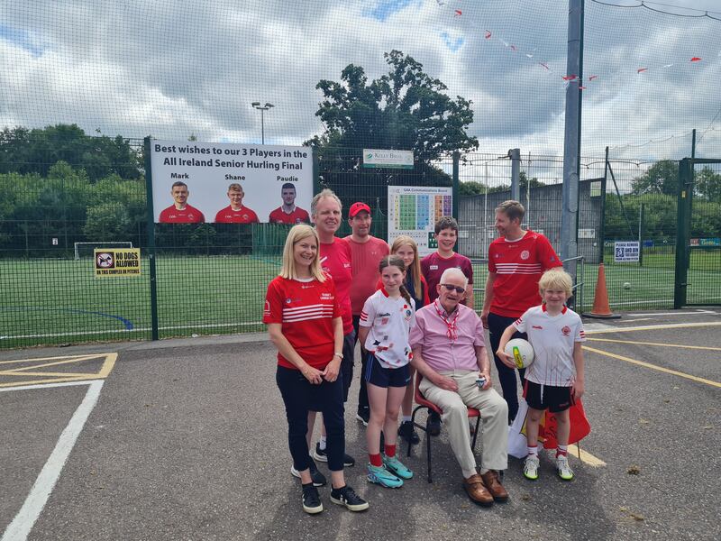 Blarney GAA president Pat Joe Sheehan (centre seat) with family members, l-r, Mairead Rowley, John Rowley, Aisling Rowley (12),  Brendan Sheehan, Clodagh Rowley (15) Colm Óg Sheehan (13) , Sean Rowley (10) and Colm Sheehan looking forward to Sunday All-Ireland