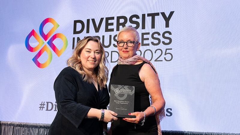 Sile Walsh, awards judging coordinator, presents the best workplace award - large organisation to Sally Ann Devine, Siemens Healthineers