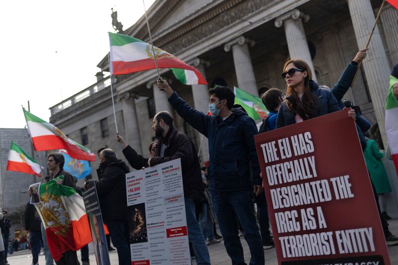 Members of the Iranian community protest against the Iranian regime in Dublin near the GPO on the day the US and Israel started strikes in Iran. Photograph: Chris Maddaloni/The Irish Times 