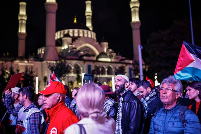 Turkey: Demonstrators march in Istanbul on Thursday over the interception of the Global Sumud Flotilla. Photograph: Kemal Aslan/AFP 