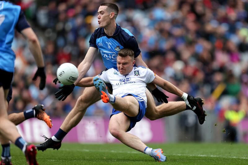Monaghan's Conor McCarthy is closed down by Dublin's Brian Fenton. Fenton took over midfield in the last 20 minutes when the game was there to be won. Photograph: Laszlo Geczo/Inpho 