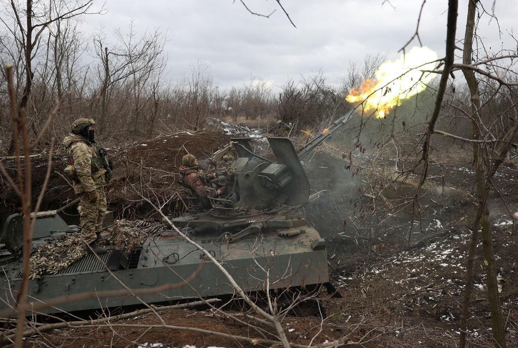 Ukrainian anti-aircraft gunners fire at enemy UAVs from their positions close to Bakhmut in the Donetsk region. The Russian invasion of Ukraine is nearing its two-year anniversary. Photograph: Anatolii Stepanov / Getty Images