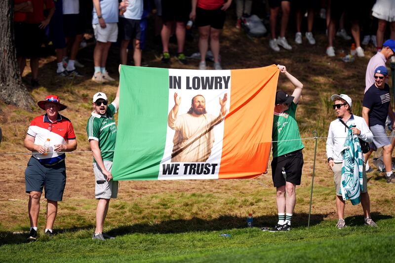 European fans show their support for Shane Lowry during the Sunday singles matches. Photograph: Mike Egerton/PA