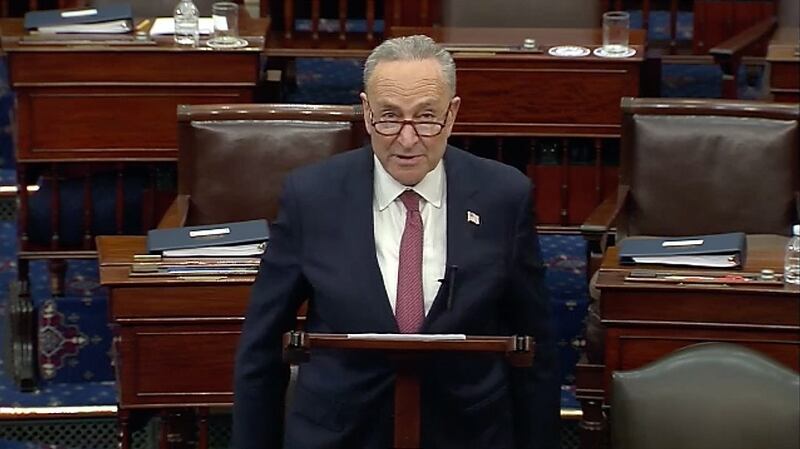 A screen grab from a live broadcast by the Senate TV showing Senate majority leader Chuck Schumer addressing the Senate following the acquittal of former United States president Donald Trump in Trump’s second impeachment trial, inside the capital building in Washington, DC, on Saturday. Screengrab: Senate TV/EPA