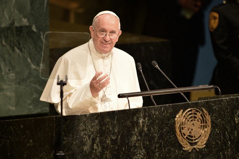 2015. Pope Francis speaks during the 70th session of the United Nations General Assembly on September 25, 2015, at the United Nations in New York. Photograph: AFP via Getty Images