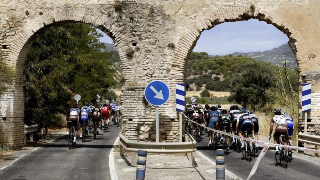 The peleton in action during the seventh stage of the 2014 Vuelta a Espana from Alhendin to Alcaudete. Photograph: Javier Lizon/EPA
