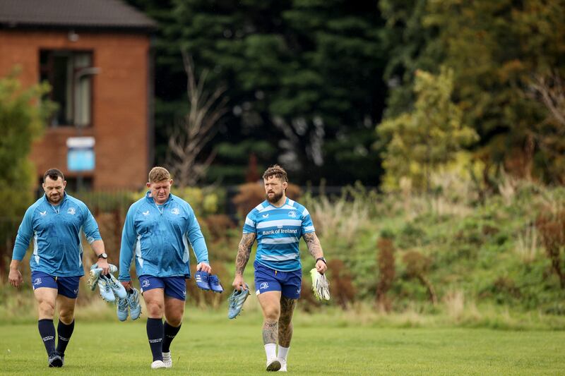 Cian Healy, Tadhg Furlong and Andrew Porter arrive for training. 
Photograph: Ben Brady/Inpho