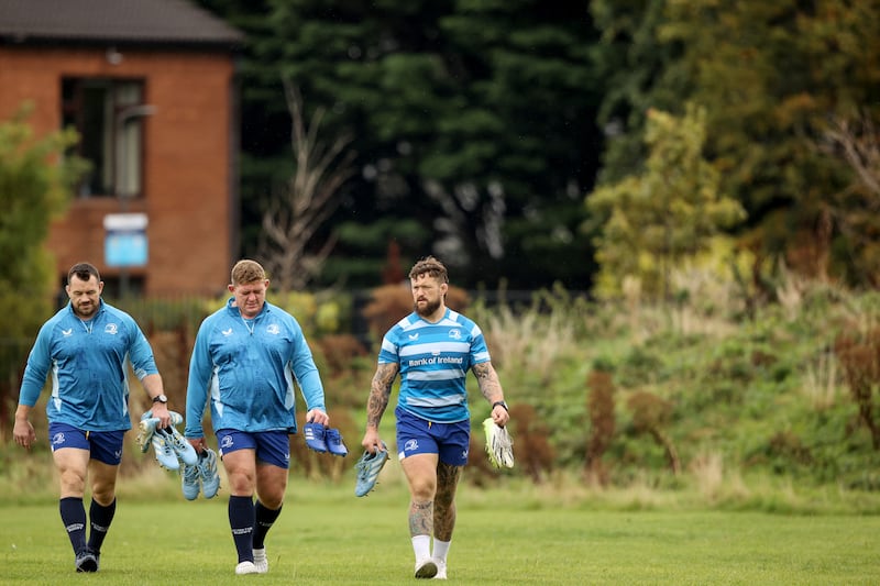 Cian Healy, Tadhg Furlong and Andrew Porter arrive for training.
Photograph: Ben Brady/Inpho
