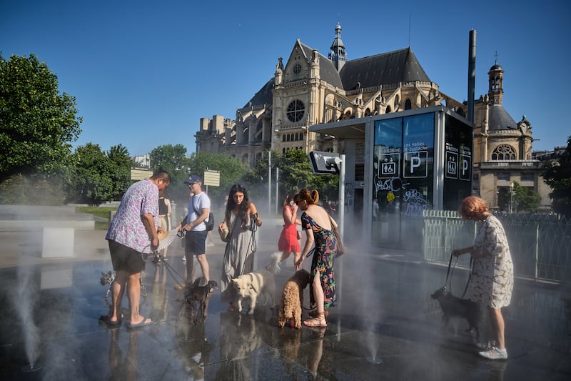 Dogs and their owners cool off from the heat in a fountain in front of Saint-Eustache Church in central Paris on Tuesday. Photograph: Kiran Ridley/Getty Images