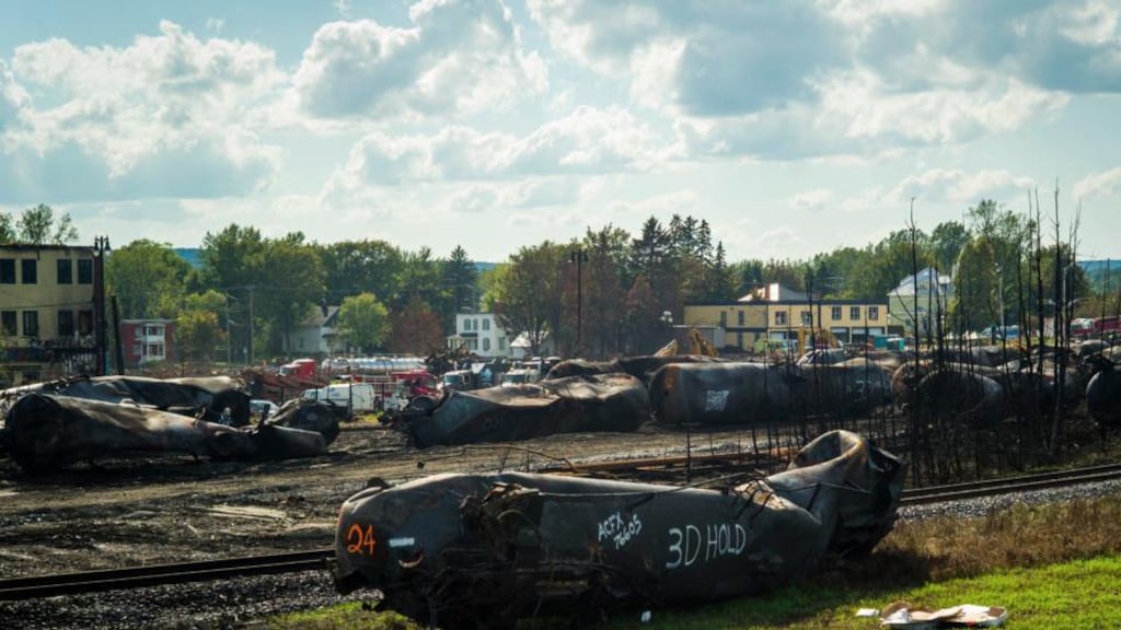 Wreckage from a runaway train of oil tankers that derailed and exploded on July 6th, in Lac-Megantic, Quebec, Canada. Photograph: New York Times/Ian Willms