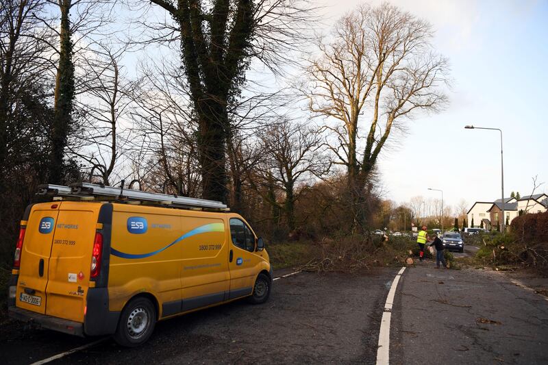 Tree surgeon Kevin Buckley and resident Ger Maher clear a fallen tree from the N72 main Killarney-to-Killorglin Ring of Kerry road. Photograph: Don MacMonagle