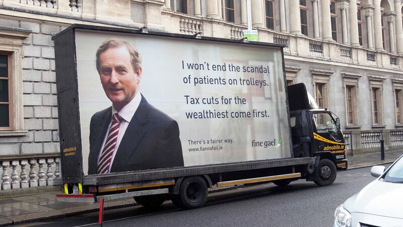 A Fianna Faill truck featuringa poster criticising  Fine Gael’s handling of the health service while in government. Photograph: Gareth Chaney/Collins.