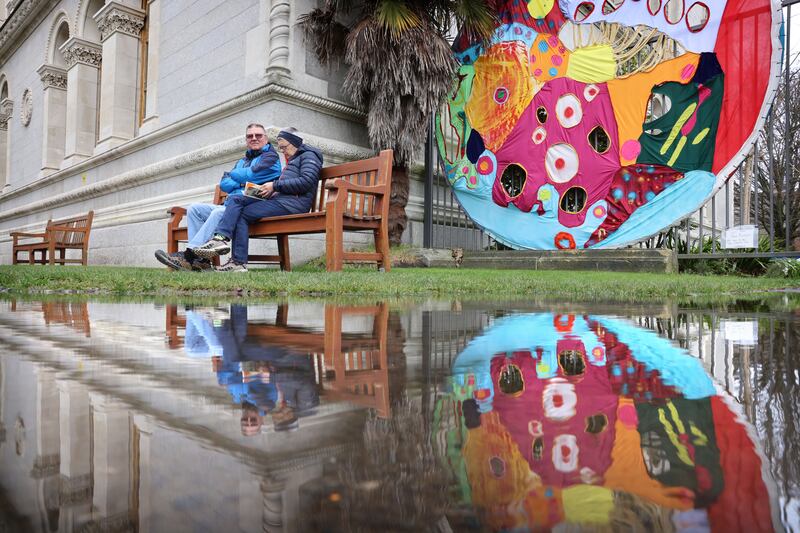 Sitting in Trinity College Dublin with art work by visual artist Tara Keegan on display around the grounds. Photograph: Dara Mac Dónaill