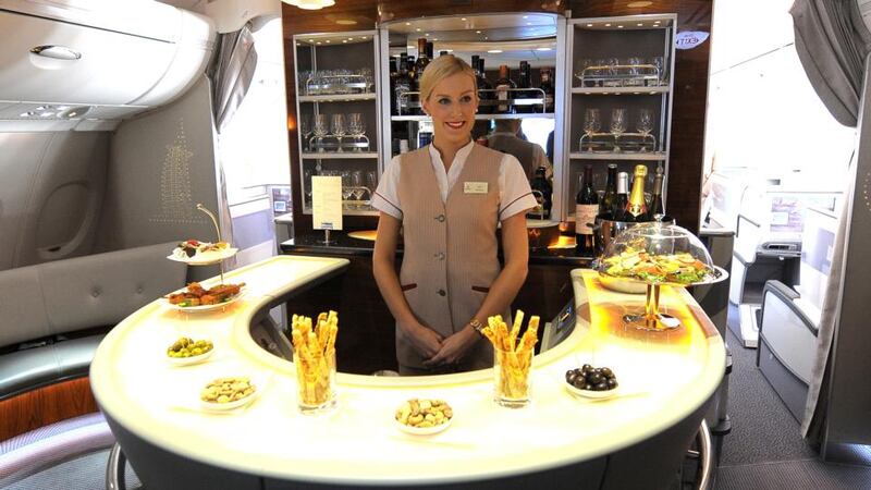 Study shows passengers will pay more for access to in-flight drinks. The bar on the upper deck of an Emirates Airbus. Photograph: Andrew Yates/AF P/Getty Images