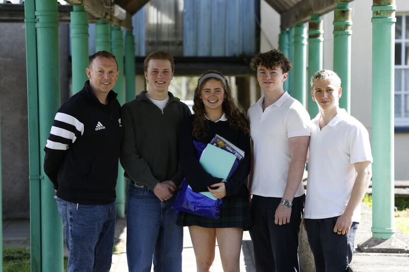 Teacher Stuart Greene with Franz Naundorf, Claudia Fitzpatrick, Tadhg Roche and Lars Kiriczi.  Photograph: Nick Bradshaw/The Irish Times