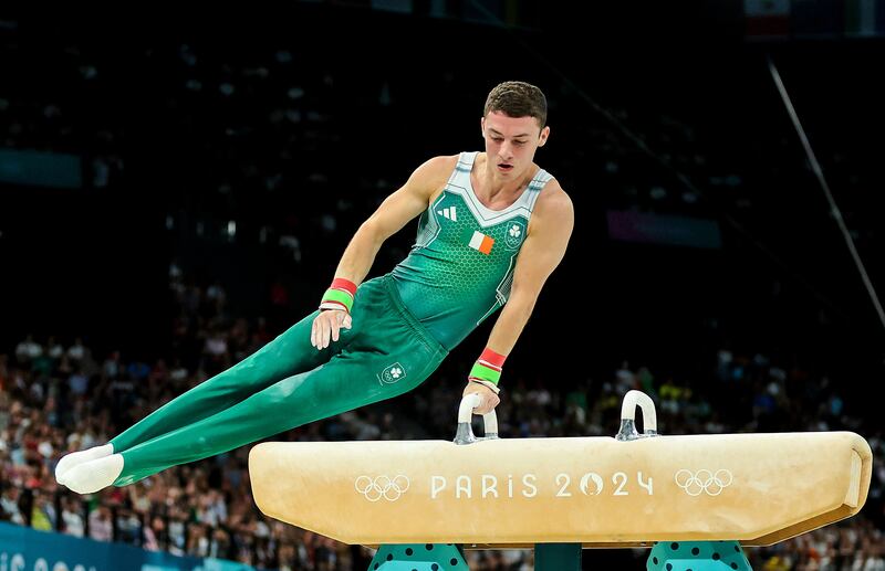 Ireland’s Rhys McClenaghan in action during the pommel horse final. Photograph: James Crombie/Inpho