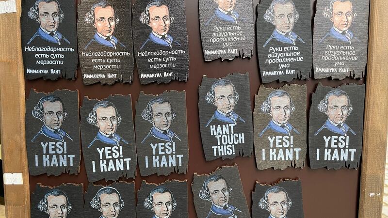 Immanuel Kant-themed fridge magnets on sale at Kaliningrad Cathedral, western Russia, where the Prussian Enlightenment philosopher is buried. Photograph: Daniel McLaughlin