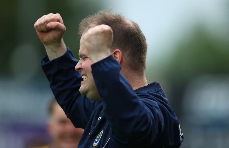 Roscommon manager Davy Burke celebrates at the full-time whistle. Photograph: Leah Scholes/Inpho