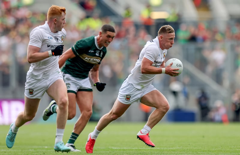 Mayo's Ryan O'Donoghue streaking away from Kerry players was one of the enduring images from the match. Photograph: Ryan Byrne/Inpho