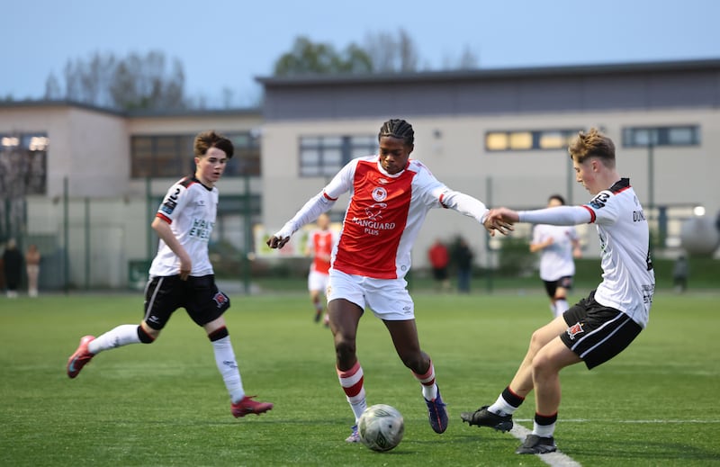 St Patrick’s Athletic under-15s on the attack against Dundalk at the St Patrick’s Athletic academy in TU Dublin, Blanchardstown. Photograph: Dara Mac Dónaill/The Irish Times