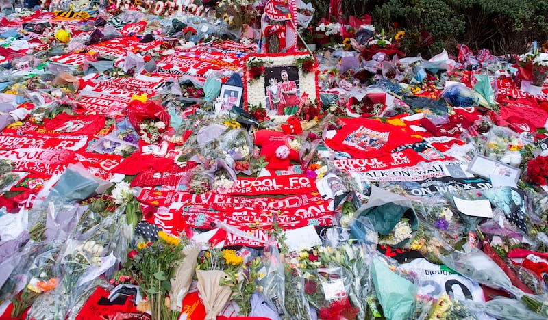Tributes to soccer player Diogo Jota at Anfield, the home of Liverpool FC. Photograph: EPA