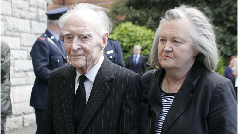 Former taoiseach Liam Cosgrave and his daughter Mary at the State funeral of Dr Garret FitzGerald at the Sacred Heart Church, Donnybrook, Dublin in 2011.  Photograph: Dara Mac Dónaill