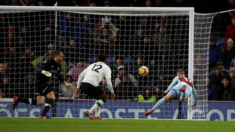 Burnley’s Johann Berg Gudmundsson equalises aganist Liverpool. Photograph: Phil Noble/Reuters