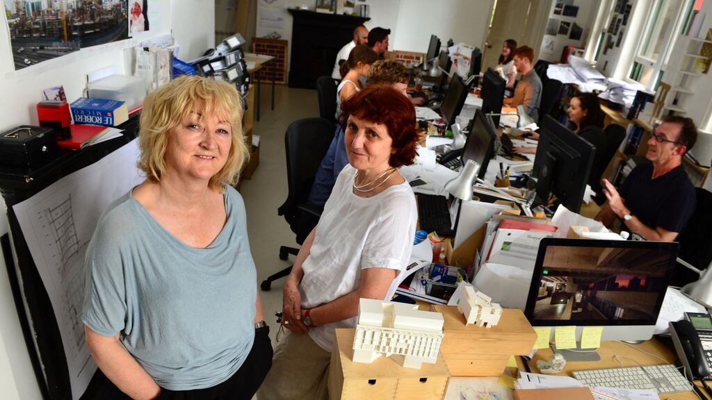 Yvonne Farrell and Shelly McNamara of Grafton Architects, in their office in Dublin. They have chosen to curate the 16th Venice Architecture Biennale. Photograph: Dara Mac Dónaill