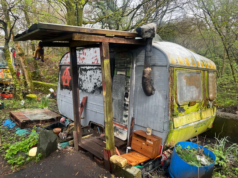 Faslane peace camp is a smattering of 10 battered old caravans adorned with anti-war art. Photograph: Mark Paul