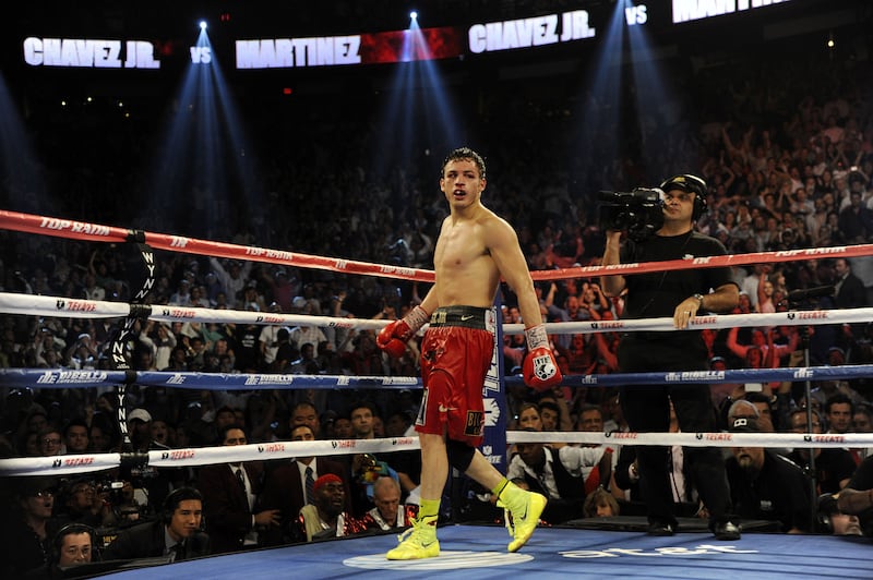 Julio César Chávez Jr in the ring in Las Vegas, Nevada after knocking down Sergio Martínez on September 15th, 2012. Photograph: Jeff Bottari/Getty Images