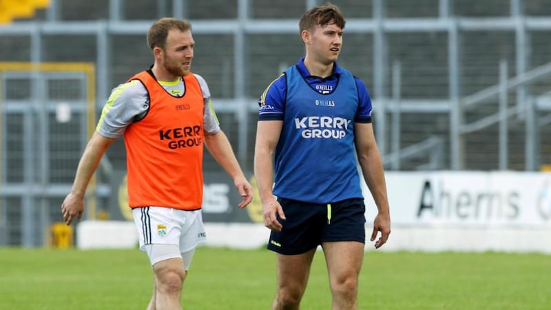 James O’Donoghue (right) and Darran O’Sullivan during a Kerry training session at Fitzgerald Stadium in Killarney. Photograph:   Lorraine O’Sullivan/Inpho
