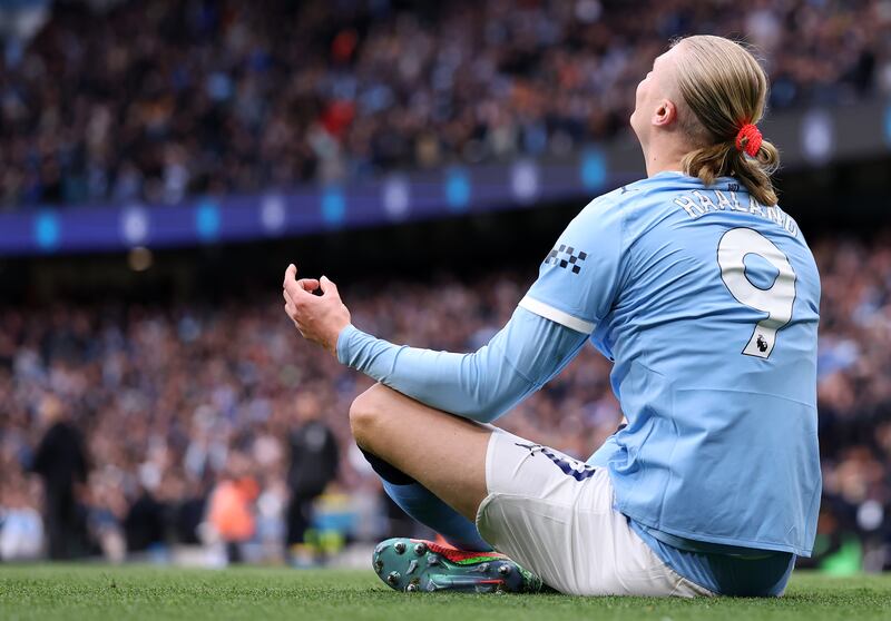 Erling Haaland celebrates scoring Manchester City's second goal. Photograph: Naomi Baker/Getty Images