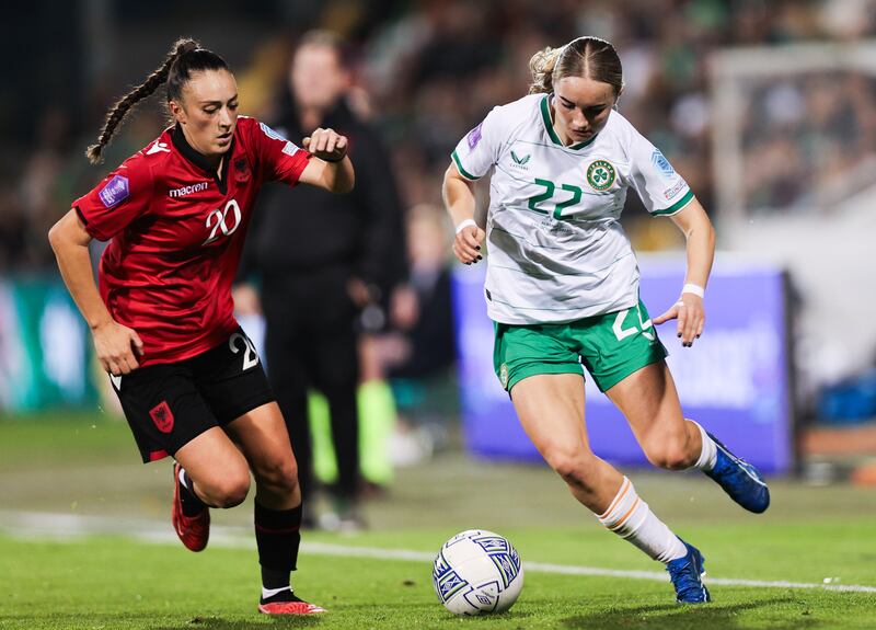 Izzy Atkinson in action against Albania during the Women's Nations League Group B1 clash at Tallaght Stadium. Photograph: Tom Maher/Inpho 