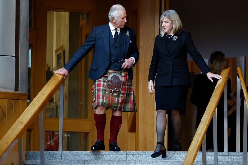 King Charles III and Alison Johnstone, presiding officer of the Scottish Parliament, during his visit to the Scottish Parliament Building on Monday, where he was due to receive a motion of condolence on the death of his mother, Queen Elizabeth II. Photograph: Jeff J Mitchell/Getty Images