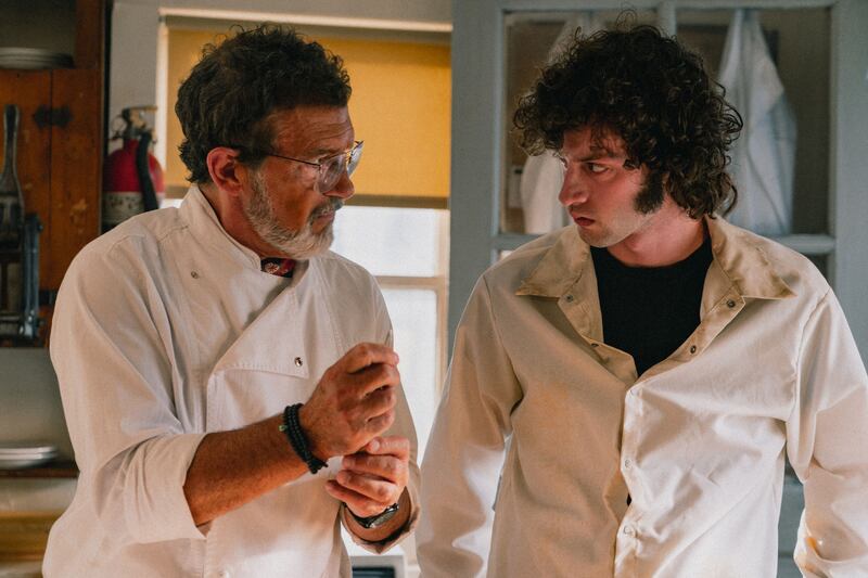 Antonio Banderas as Chef and Dominic Sessa as Anthony Bourdain in Tony, the new biopic about Bourdain. Photograph: A24