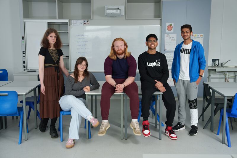 Leaving Cert exam diarists Leah O’Callaghan (18),  Megan Glynn (19), Sean Cleary (18), Ratzinger Monteiro (19) and Daksh Wadhwa (16) at Stepaside Educate Together Secondary School. 23/05/2024 Photograph: © Fran Veale
