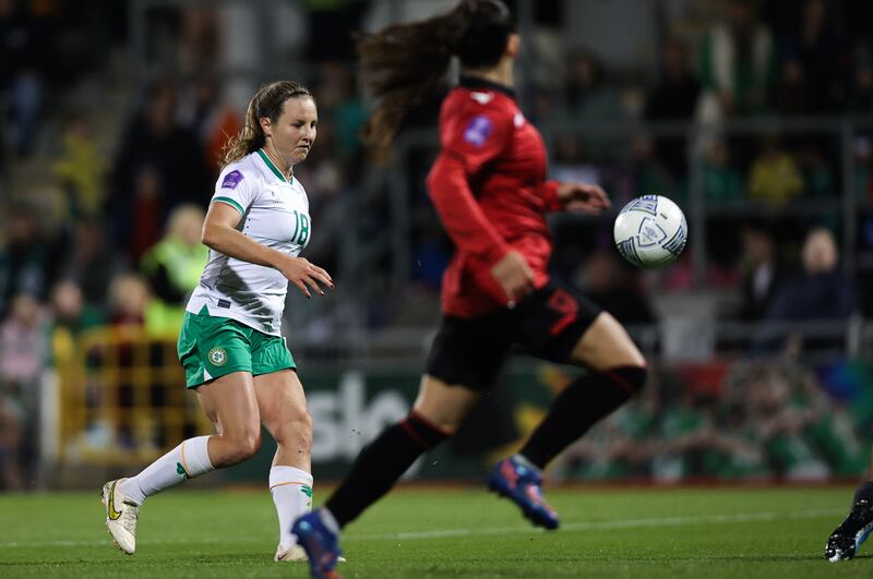 Ireland's Kyra Carusa shoots to score side's third goal of the match. Photograph: Tom Maher/Inpho