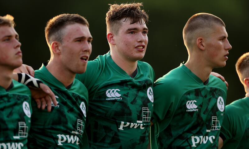 Diarmuid Mangan with Daniel Hawkshw, left, and Sam Prendergast, right, on Ireland Under 20 duty in 2023. Photograph: Photograph: James Crombie/Inpho