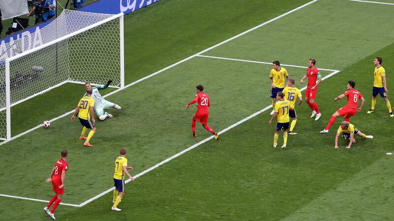 Harry Maguire  scores  from a corner against Sweden. Photograph: EPA