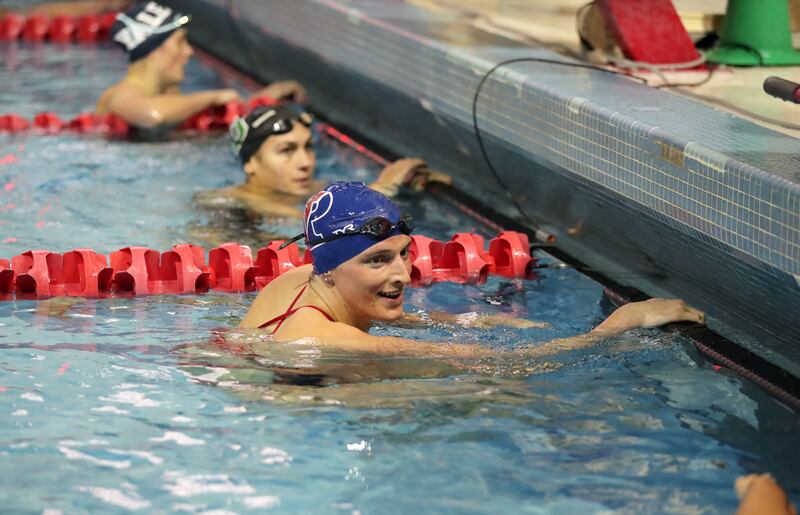 Lia Thomas  after winning the 200 metre freestyle event during a tri-meet against the Yale Bulldogs and the Dartmouth Big Green. Photograph: Hunter Martin/Getty Images