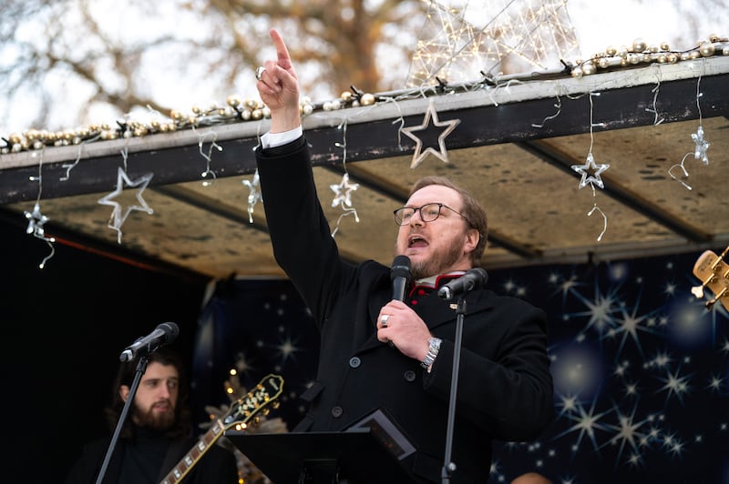 Bishop Ceirion Dewar gives a speech during the event. Photograph: Andrea Domeniconi/Getty Images