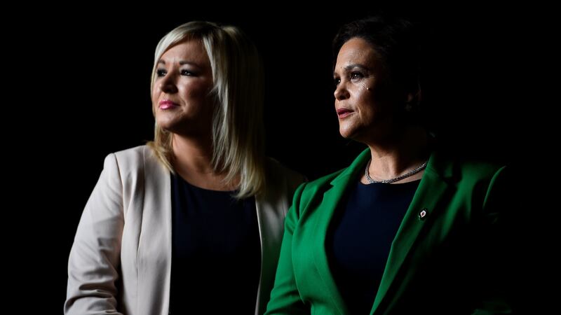 New Sinn Féin president Mary Lou McDonald (right) and deputy president Michelle O’Neill just before  an ardfheis in Dublin to formalise their new party roles. Photograph: Clodagh Kilcoyne/Reuters