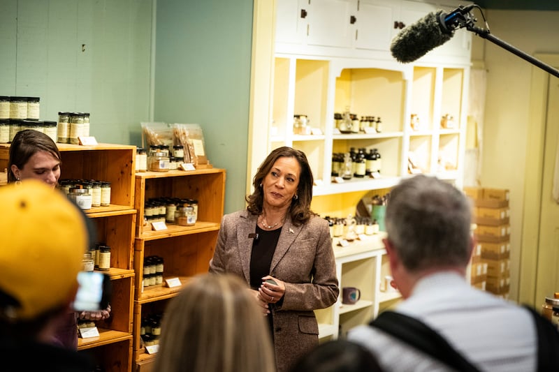 US vice president Kamala Harris visits a Penzys Spices outlet in Pittsburgh on Saturday. Photograph: Haiyun Jiang/New York Times