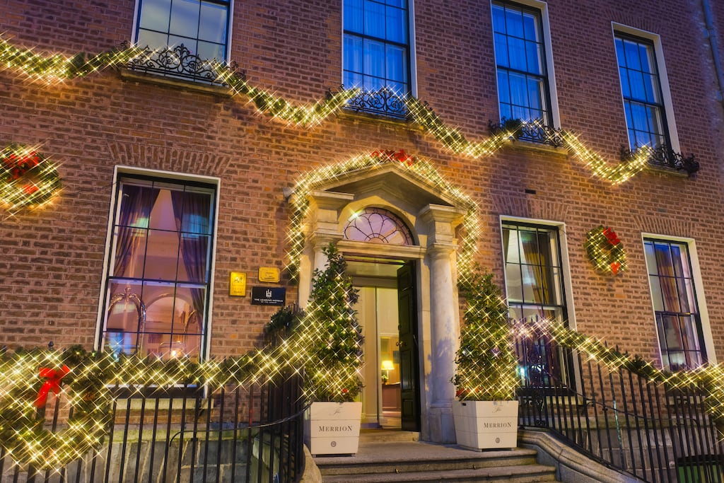 The entrance to the Merrion Hotel in Dublin, decorated for the festive period