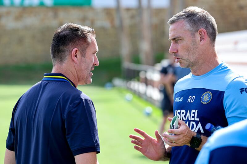 Robbie Keane with assistant Rory Delap of Maccabi Tel Aviv. Photograph: Robin Jones/AFC Bournemouth via Getty Images